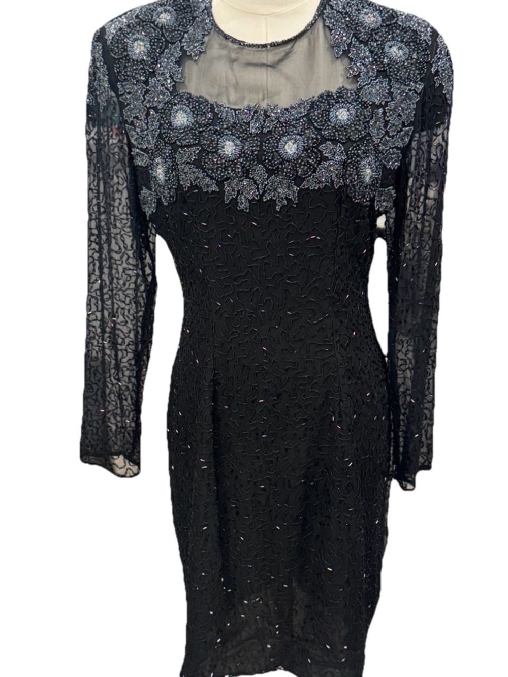Vintage Stenay Black Beaded Silk Dress Sheer Sleeve Cocktail Evening S